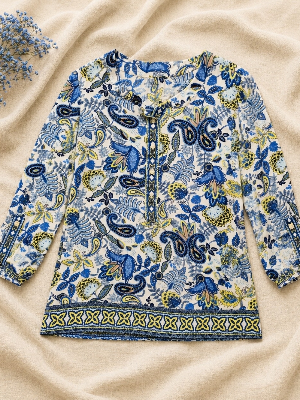 Boho Paisley Button Sleeve Blouse Blue Yellow 100% Viscose